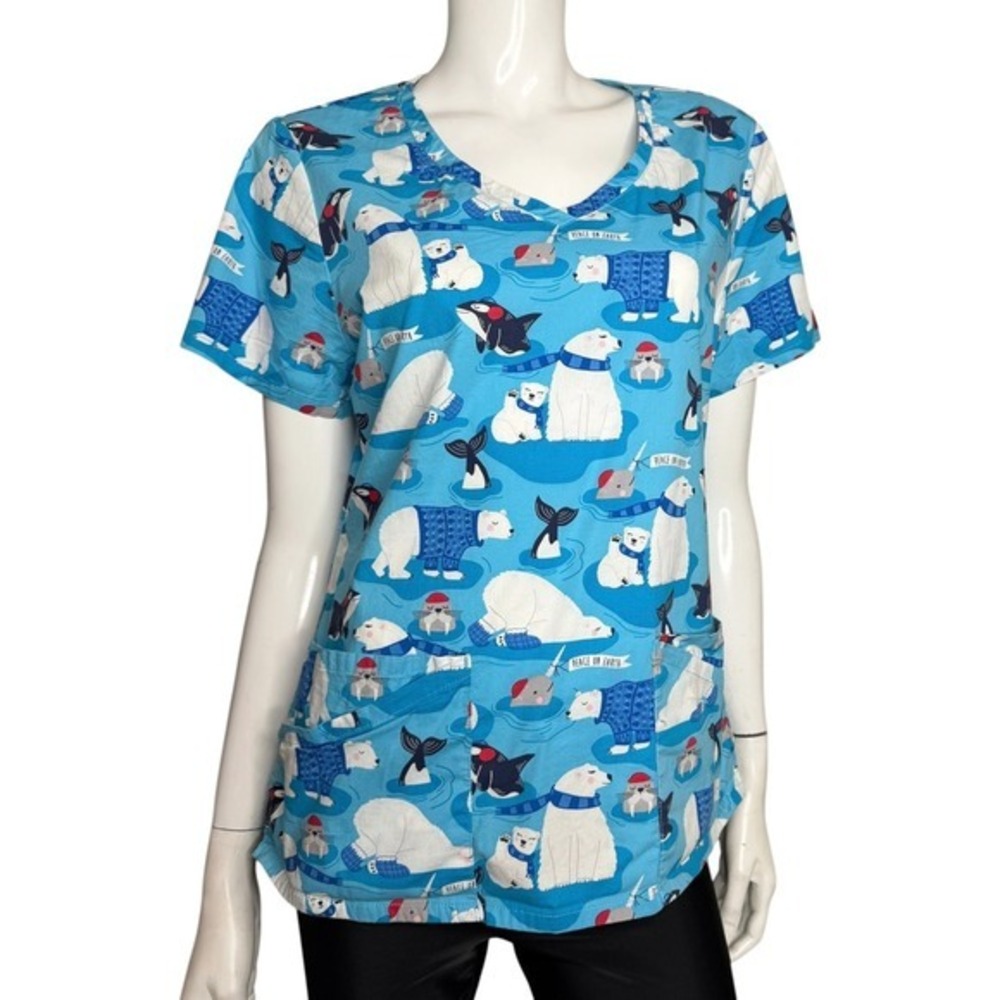 Dickies Womens‎ Blue Winter Polar Bear Orca Print V-Neck Scrub Top XL